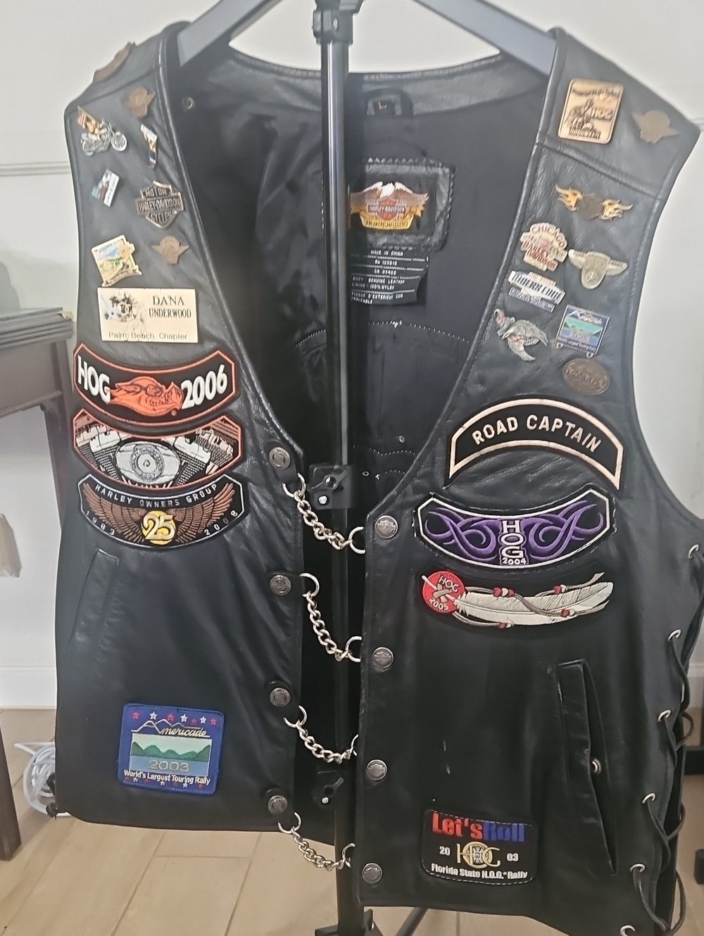 Harley-Davidson Genuine Leather HOG Vest.  Palm Beach Chapter Road Captain.